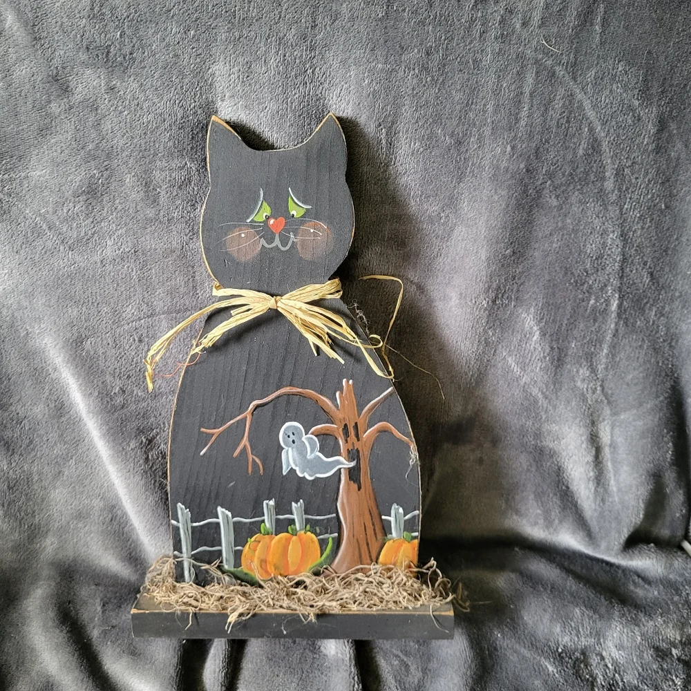 Vintage wooden halloween black cat with ghost decor